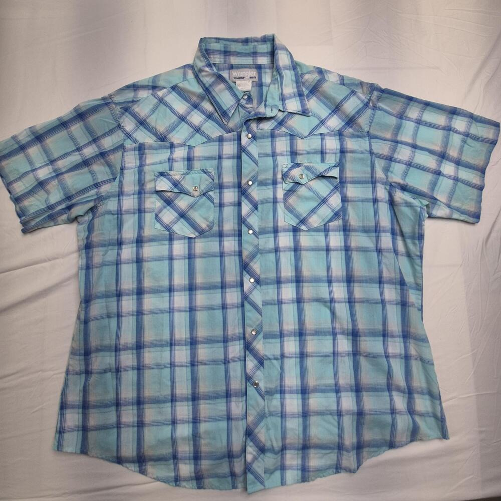 Wrangler Wrancher Shirt Mens 2XL Blue Plaid Pearl Snap Western Short Sleeve